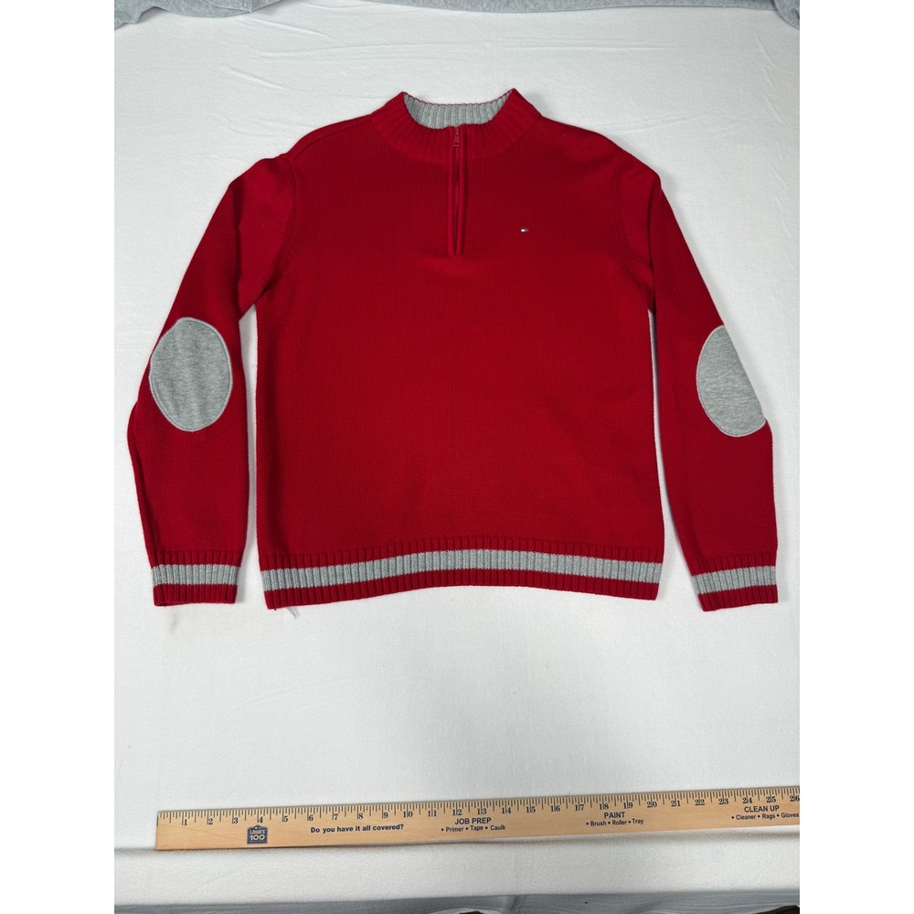Tommy Hilfiger Quarter Zip Sweater M 12/14 Red Grey Elbow Patch Preppy Academic